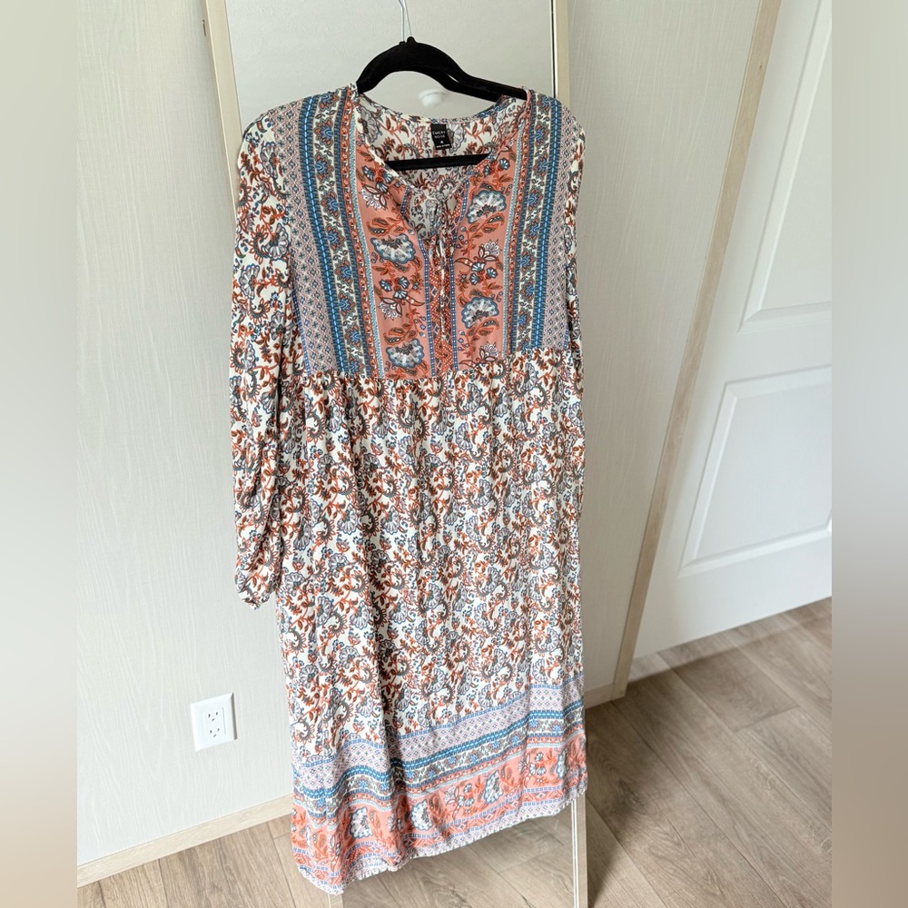 Bohemian Floral Long Sleeve Dress - Orange and Blue